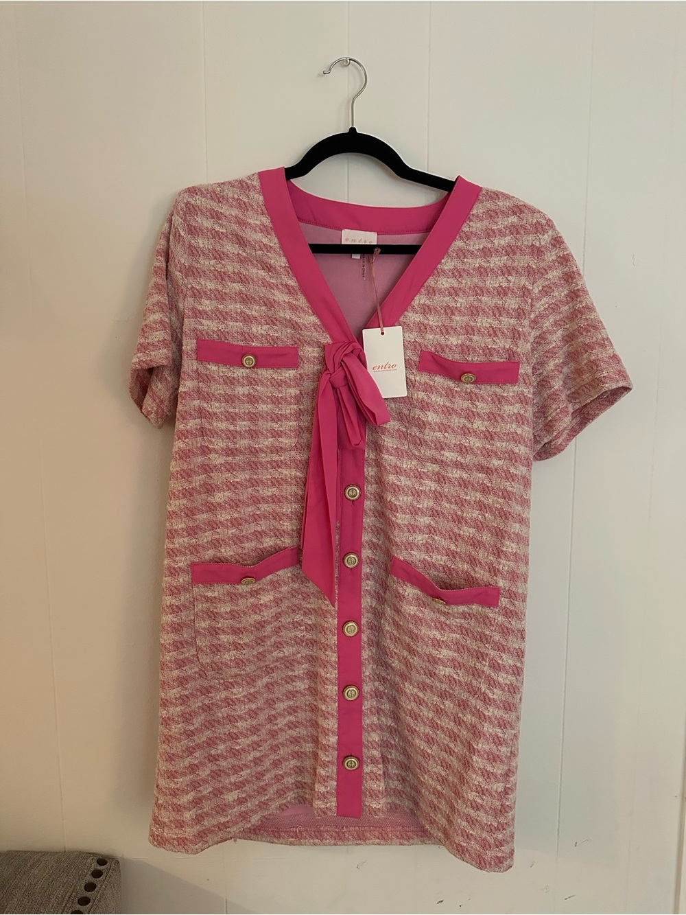 NWT Pink Tweed Short-Sleeve Cardigan Dress with Bow